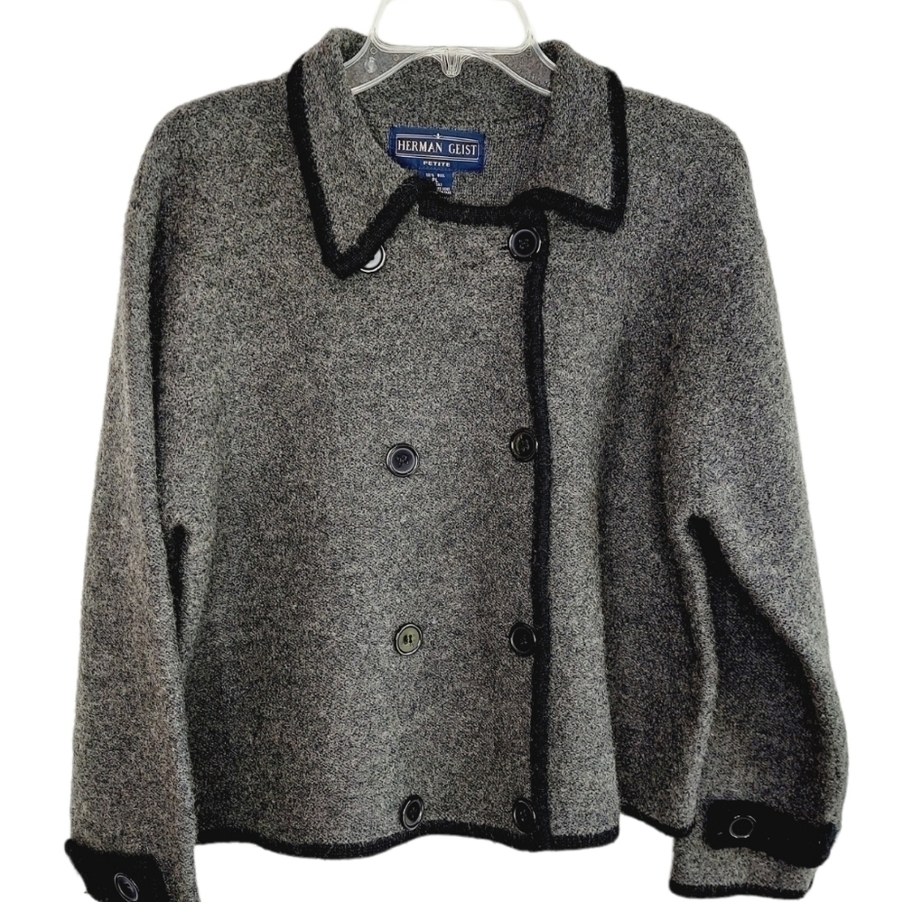 VTG HERMAN GEIST Large Gray Double Breasted Cardigan Jacket Sweater Boiled Wool